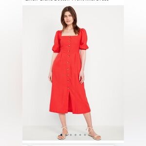 NWT OLD NAVY Linen Red Button-Front Midi Dress with puff sleeves square neckline